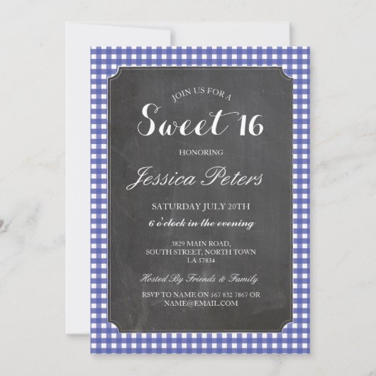 Sweet 16 Blue Check Lights Rustic Chalk Invitation Kaart (Voorkant)