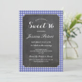 Sweet 16 Blue Check Lights Rustic Chalk Invitation Kaart (Staand voorkant)