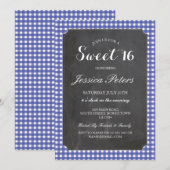 Sweet 16 Blue Check Lights Rustic Chalk Invitation Kaart (Voorkant / Achterkant)
