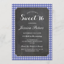 Sweet 16 Blue Check Lights Rustic Chalk Invitation