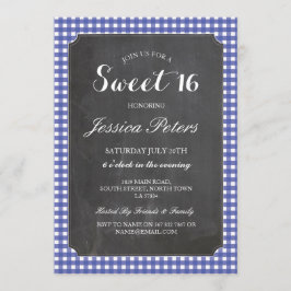 Sweet 16 Blue Check Lights Rustic Chalk Invitation Kaart