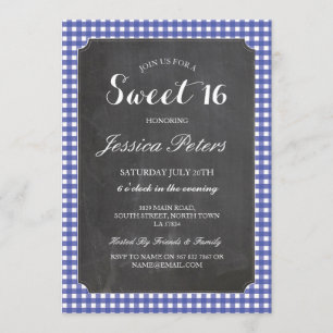Sweet 16 Blue Check Lights Rustic Chalk Uitnodigin Kaart