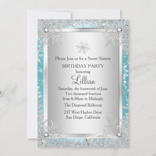 Sweet 16 Blue Diamond Snowflake Winter Wonderland Kaart (Achterkant)