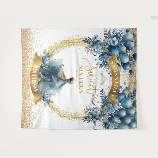 Sweet 16 Blue Dress Waterverf Gold Glitter Wandkleed (Voorkant (horizontaal))