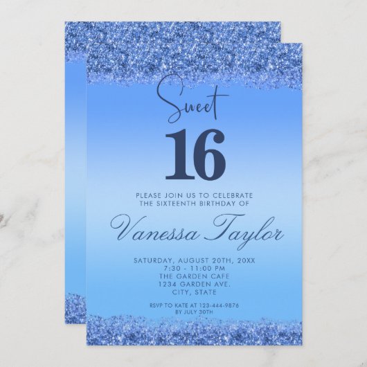 Sweet 16 Blue Faux Glitter Verjaardag Uitnodiging (Voorkant / Achterkant)