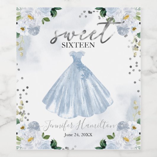 Sweet 16 Blue Floral Pink Dress Wijn Etiket (Enkel label)