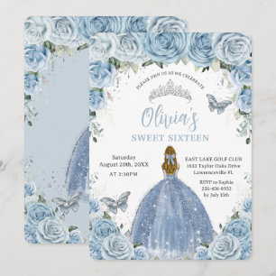 Sweet 16 Blue Floral Silver Butterflies Blonde Kaart