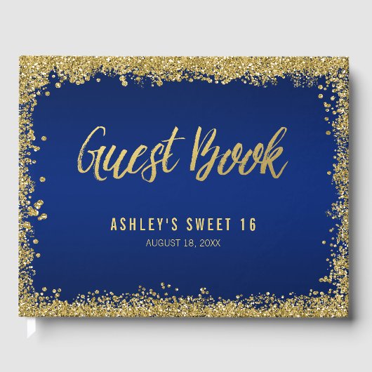 Sweet 16 Blue Gold Glitter Birthday Gastenboek (Voorkant)