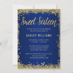 Sweet 16 Blue Gold Glitter Birthday Kaart