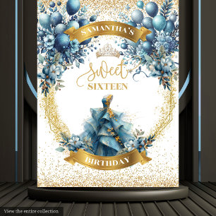 Sweet 16 Blue Gold Waterverf Glitter Tapestry Wandkleed