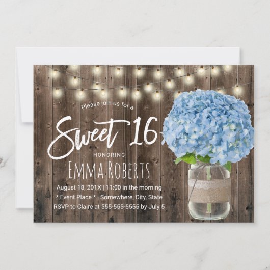 Sweet 16 Blue Hydrangea Floral Jar Rustic Wood Kaart (Voorkant)