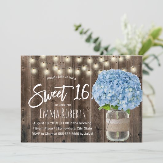 Sweet 16 Blue Hydrangea Floral Jar Rustic Wood Kaart (Staand voorkant)