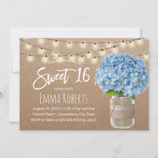 Sweet 16 Blue Hydrangea String Lights Rustic Kraft Kaart (Voorkant)