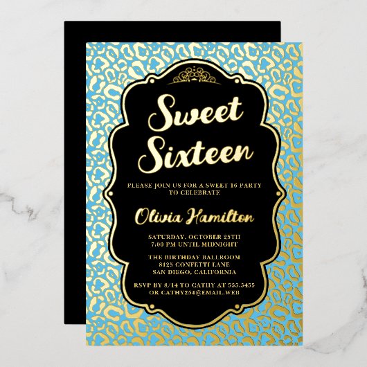 Sweet 16 Blue Leopard Folie uitnodiging (Voorkant / Achterkant)