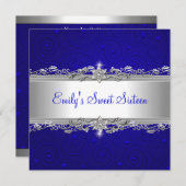 Sweet 16 Blue Silver Floral Love Birthday Party Kaart (Voorkant / Achterkant)