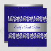 Sweet 16 Blue Silver Floral Love Birthday Party Kaart (Voorkant / Achterkant)