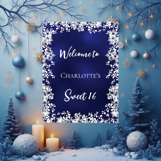 Sweet 16 blue snowflakes welcome poster