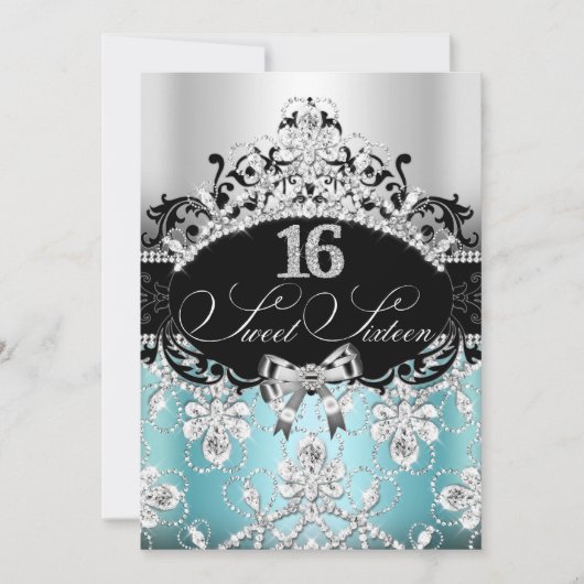 Sweet 16 Blue Sparkle Tiara Birthday Invite Kaart (Voorkant)