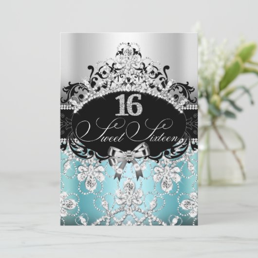 Sweet 16 Blue Sparkle Tiara Birthday Invite Kaart (Staand voorkant)