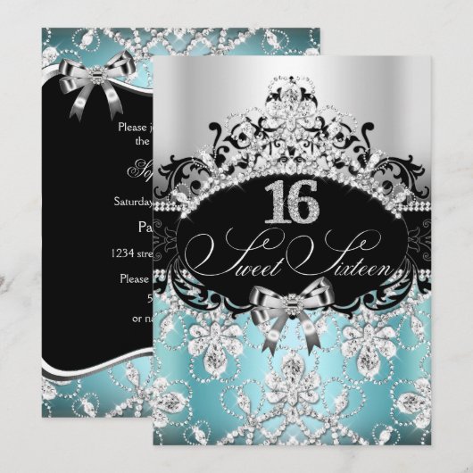 Sweet 16 Blue Sparkle Tiara Birthday Invite Kaart (Voorkant / Achterkant)