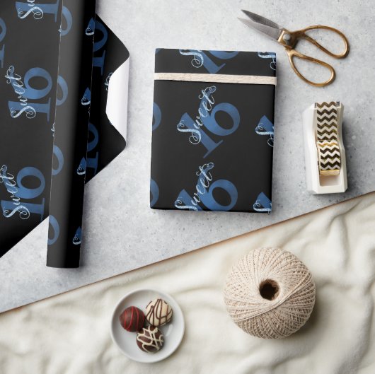 Sweet 16 | Blue Waterverf en Faux Glitter Party Cadeaupapier (Crafts)