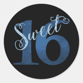 Sweet 16 | Blue Waterverf en Faux Glitter Party Ronde Sticker