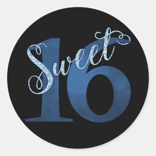 Sweet 16 | Blue Waterverf en Faux Glitter Party Ronde Sticker (Voorkant)