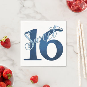 Sweet 16 Blue Waterverf en Faux Glitter Party Servetten