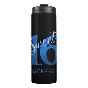 Sweet 16   Blue Waterverf en Faux Glitter Party Thermosbeker