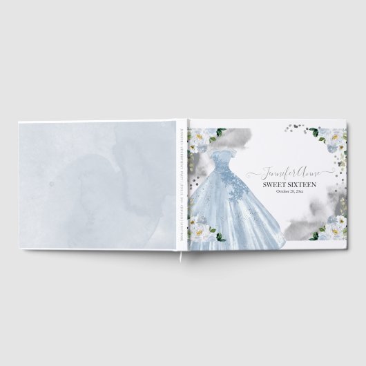 Sweet 16 Blue Waterverf Flowers Dress Gastenboek (Volledig)
