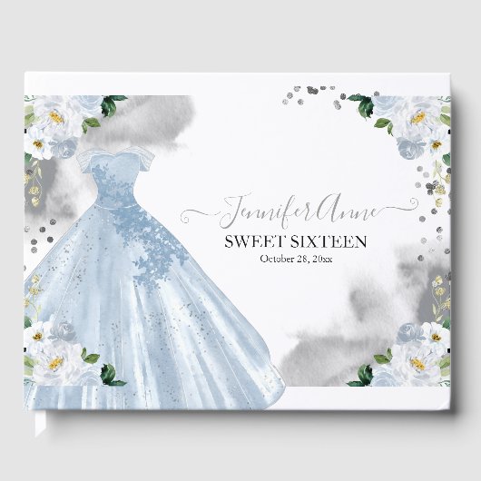 Sweet 16 Blue Waterverf Flowers Dress Gastenboek (Voorkant)