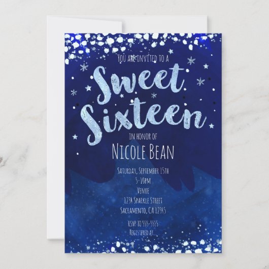 Sweet 16 Blue Winter Wonderland Sterrenuitnodiging Kaart (Voorkant)