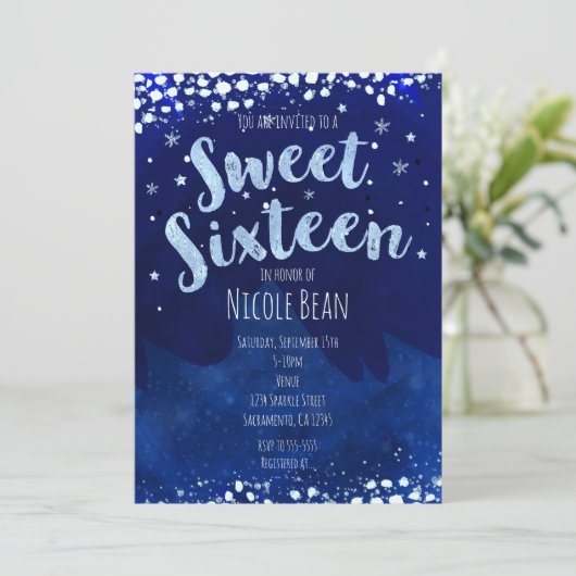 Sweet 16 Blue Winter Wonderland Sterrenuitnodiging Kaart (Staand voorkant)