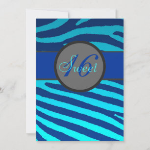 Sweet 16 blue zebra stripes verjaardagsuitnodiging kaart