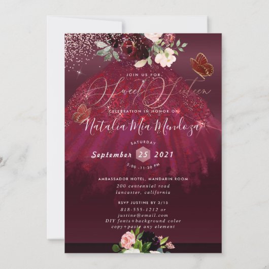 Sweet 16 Blush Burgundy Waterverf Flowers Invitat Kaart (Achterkant)