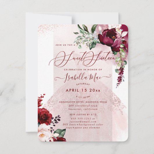 Sweet 16 Blush Burgundy Waterverf Flowers Kaart (Achterkant)