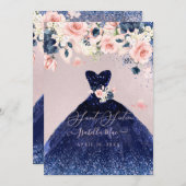 Sweet 16 Blush Floral Navy Blue Glitter Gown Kaart (Voorkant / Achterkant)
