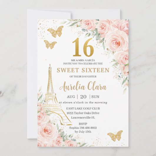 Sweet 16 Blush Floral Paris Eiffel Champagne Kaart (Voorkant)