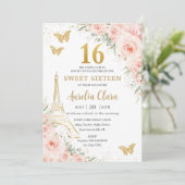 Sweet 16 Blush Floral Paris Eiffel Champagne Kaart (Staand voorkant)