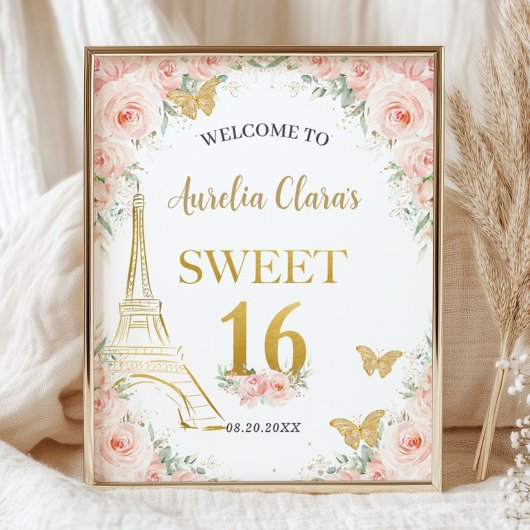 Sweet 16 Blush Floral Paris Eiffel Champagne Poster