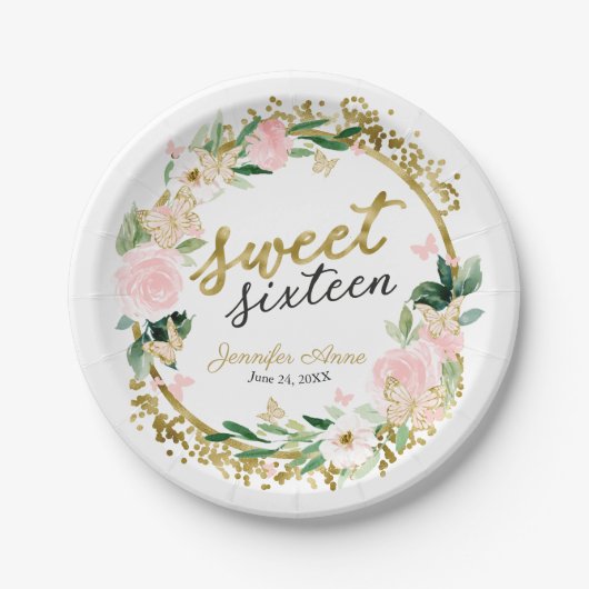 Sweet 16 Blush Floral Pink Butterfly Papieren Bordje (Voorkant)