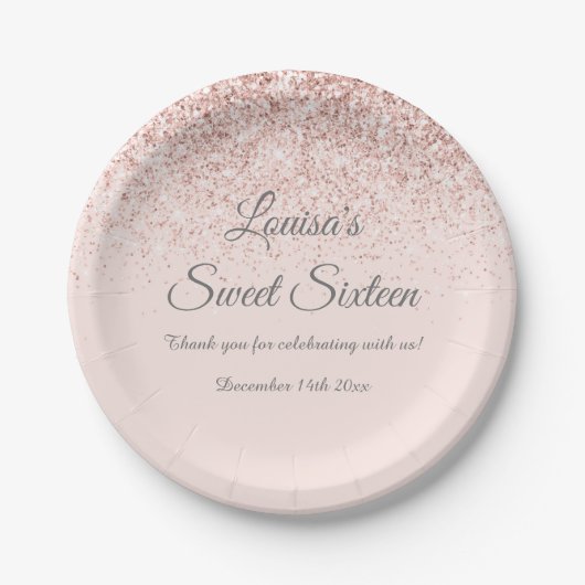 Sweet 16 Blush Glitter Papier Verjaardagsfeestje B Papieren Bordje (Voorkant)