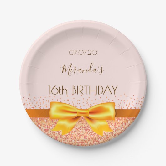 Sweet 16 blush gouden strik naam papieren bordje (Voorkant)