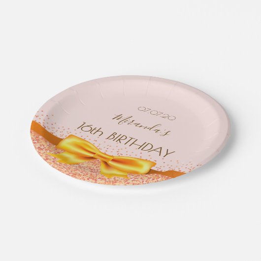 Sweet 16 blush gouden strik naam papieren bordje (Gekanteld)