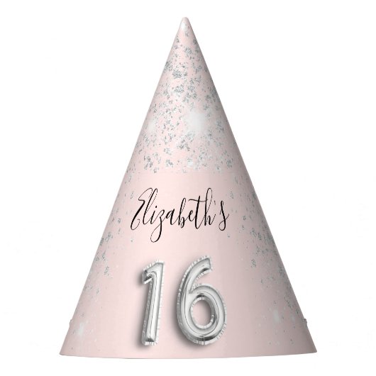 Sweet 16 blush pink silver sparkles naam feesthoedjes (Voorkant)