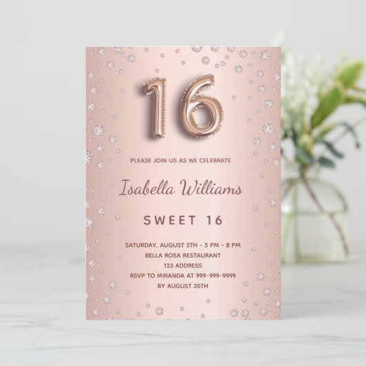 Sweet 16 blush roos gold diamonds script kaart (Staand voorkant)