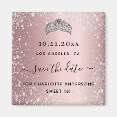 Sweet 16 blush roze glitter tiara save the date magneet (Voorkant)