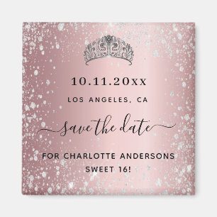 Sweet 16 blush roze glitter tiara save the date magneet