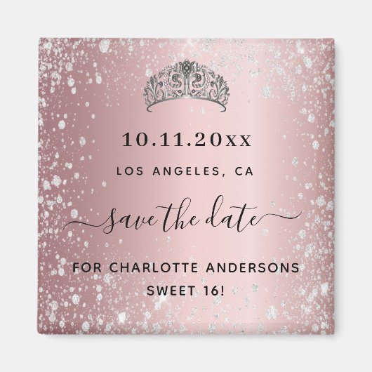 Sweet 16 blush roze glitter tiara save the date magneet (Voorkant)