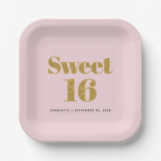 Sweet 16 Blush Roze Goud Glitter Party Papieren Bordje (Voorkant)